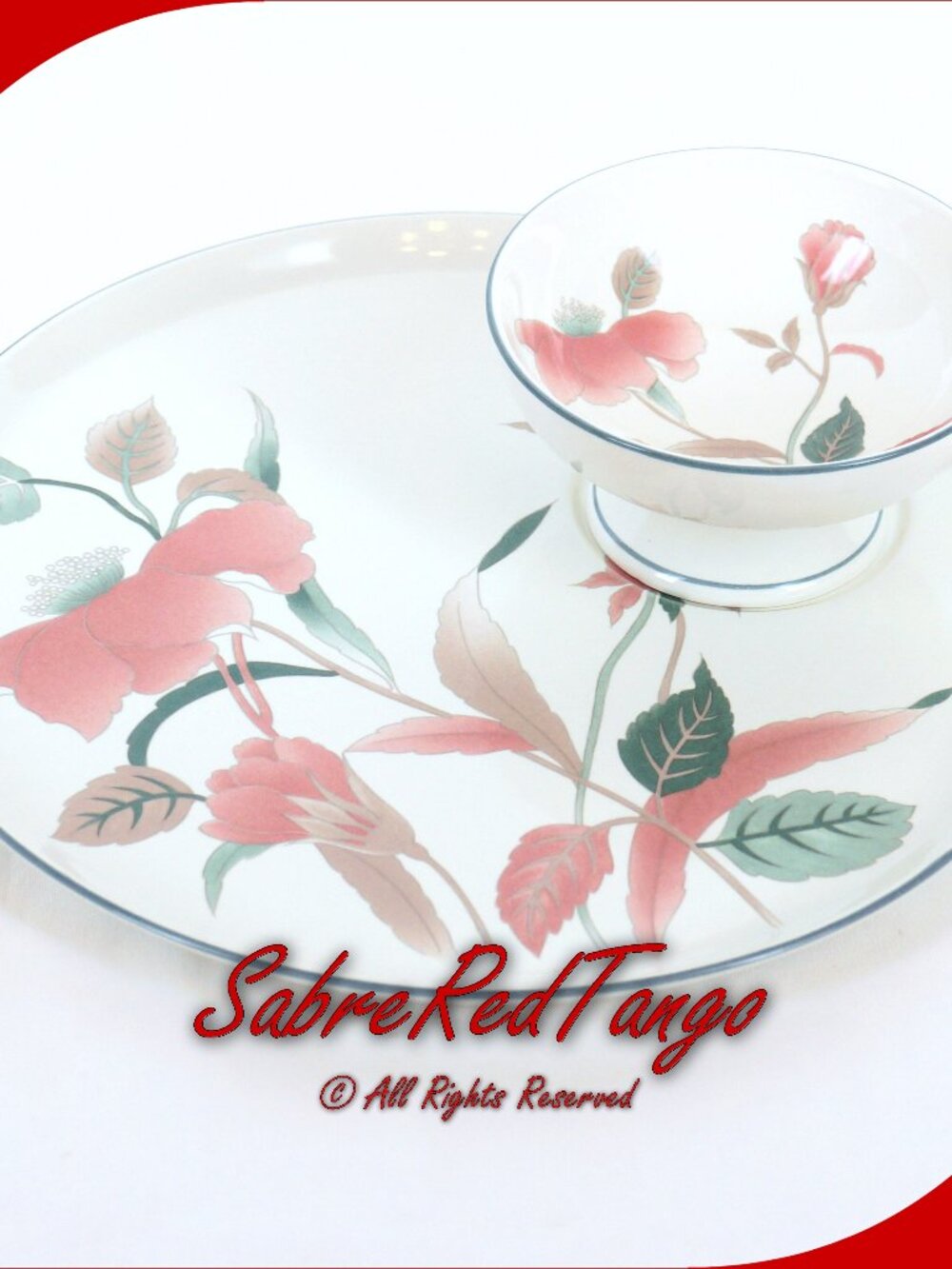 Vintage Mikasa Ceramic Crudité Plate & Bowl Vegetable Dip Set F3003 Silk Flowers